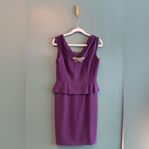David Meister Dresses & Skirts - David Meister Purple V-Neck Peplum Sheath Dress with Jewel Embellishment Size 8